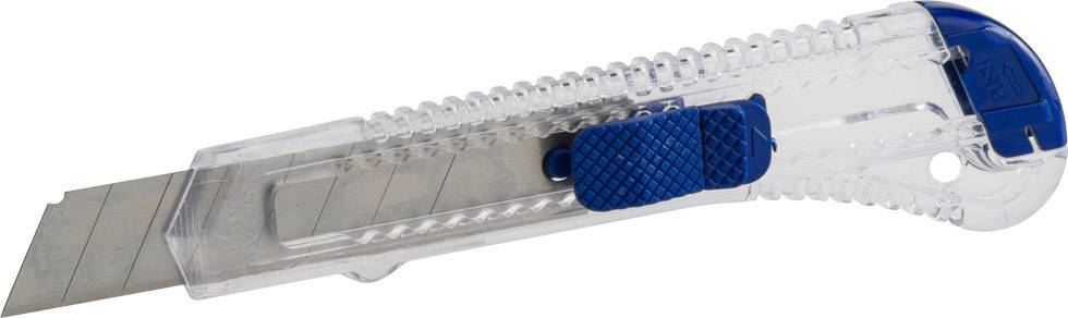 Ein Cutter-Messer mit transparenter Kunststoffhülle und blauem Griff, zeigt die ausgefahrene Metallklinge.