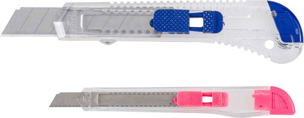Zwei Cuttermesser aus Kunststoff: eines mit blauem Schiebegriff oben, das andere mit pinkem Schiebegriff unten; beide zeigen ausgefahrene Klingen.