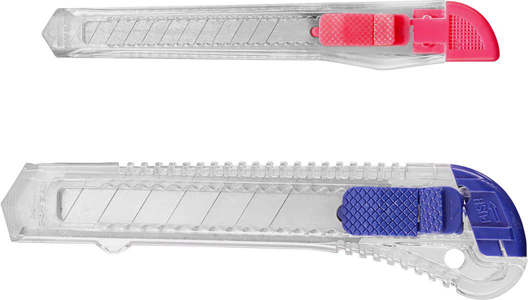 Zwei transparente Cuttermesser, oben mit rotem Schieber, unten mit blauem Schieber, auf weißem Hintergrund.