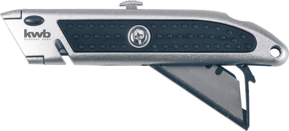 'Kwb' Cutter mit ergonomischem Griff, schwarzer Gummieinsatz für besseren Halt, einziehbare Klinge für Sicherheit und Präzision.