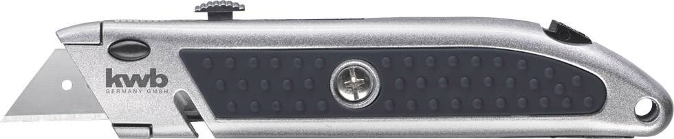 'Kwb' grauer Universalmesser mit schwarzem Griff, einziehbarer Klinge und Feststellschraube, seitliche Markenaufschrift.