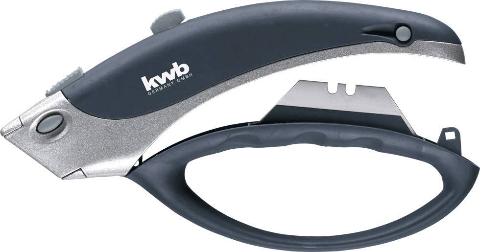 Ein ergonomischer Universal-Schneider mit integriertem Messer, geeignet zum Schneiden von verschiedenen Materialien wie Karton und Stoff.