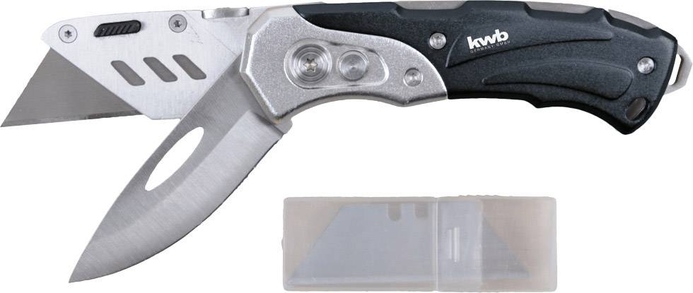 Ein multifunktionales Klappmesser mit ergonomischem Griff und zwei verschiedenen Klingen. Daneben befindet sich eine Plastikkassette mit Ersatzklingen.