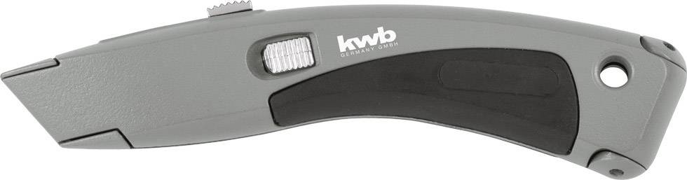 Graues Sicherheitsmesser mit schwarzem Griff und Daumenschieber. Markierung 'kwb Germany' auf der Seite.