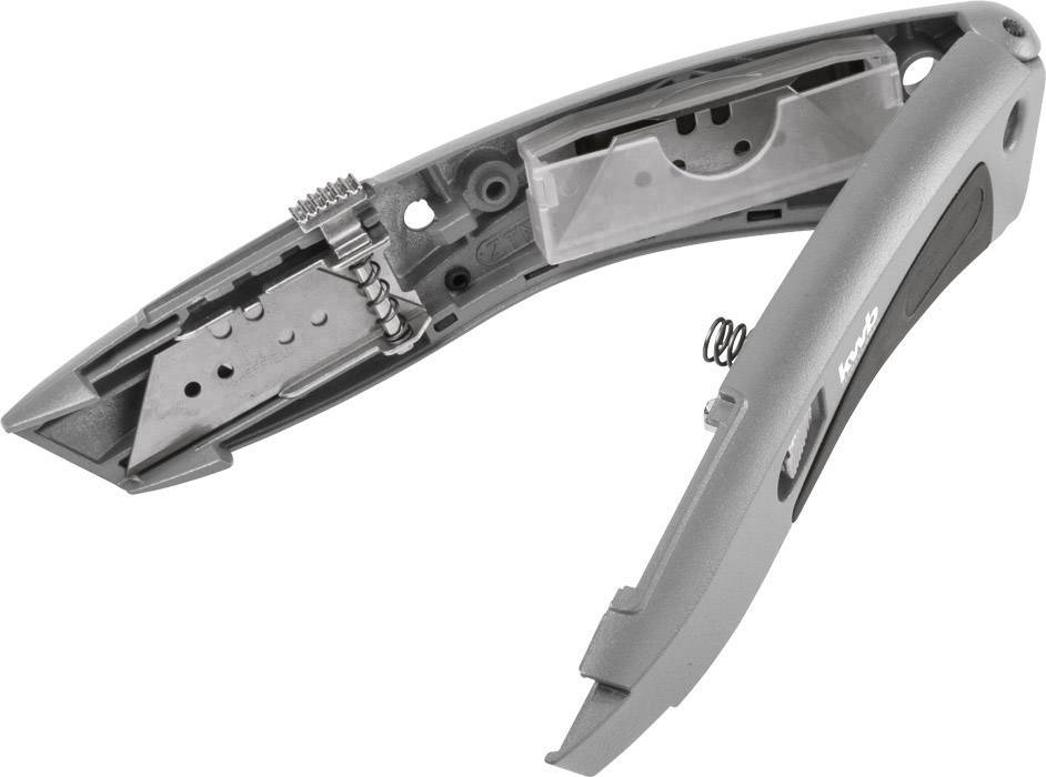 Silbernes, halb geöffnetes Cuttermesser mit sichtbarer Klinge und Innenmechanismus.