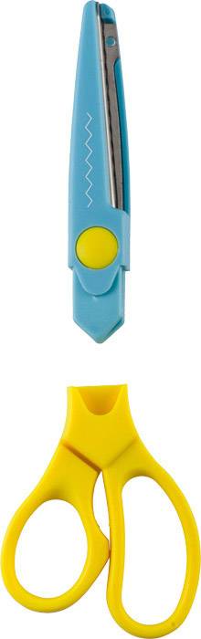 Zwei Bastelscheren: Oben blaue Schere mit Zickzack-Musterklinge, unten gelbe Schere mit Plastikgriff.