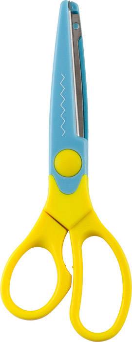 Eine bunte Bastelschere mit gelben Griffen und blauem Scherenteil für kreatives Schneiden, geeignet für Kinder.