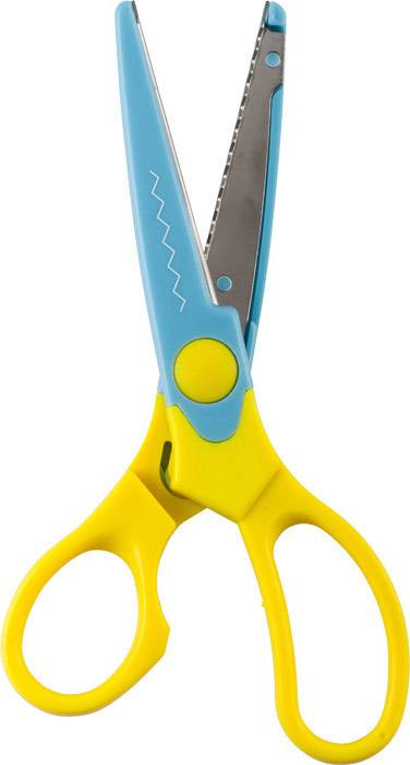 Bunte Kinderschere mit blau-gelbem Griff und gezackter Schnittkante.