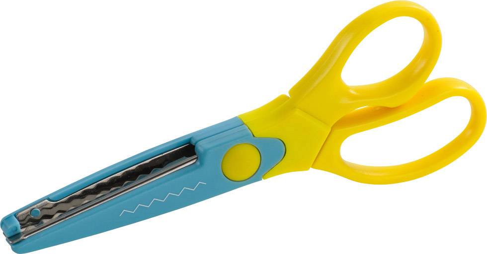 Eine gelb-blaue Kinderschere mit einer gezackten Schneideklinge, ideal für kreatives Basteln und sicheres Schneiden.