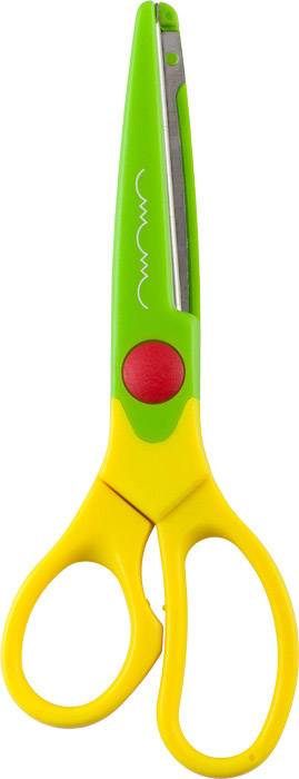 Bunte Kinderschere mit gelbem Griff und grünem Schneidebereich, geeignet für sicheres Basteln.