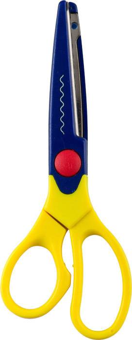 Eine gelb-blaue Kinderschere mit gewellter Schneide, geeignet für Bastelarbeiten.