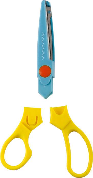 Zwei gelbe Griffhalterungen und ein blaues Messerteil, das zusammen eine kindersichere Schere bildet. Ideal für kreative Bastelarbeiten.