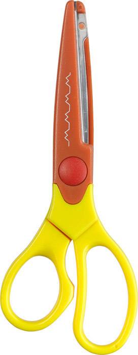 Eine orangene und gelbe Bastelschere mit gezackter Klinge zum Basteln und Schneiden von Papier.