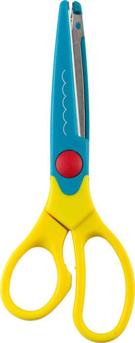 Eine bunte Bastelschere mit blauen Griffen und gelben Schneiden, geeignet für Kinder zum sicheren Schneiden von Papier.