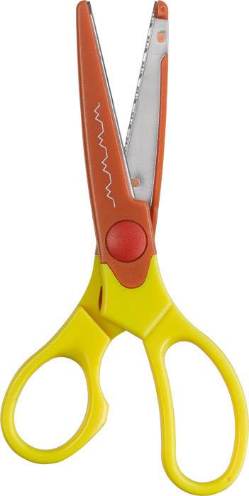 Bastelschere mit gelben Griffen und gezackten Klingen, geeignet für kreative Kinderprojekte.