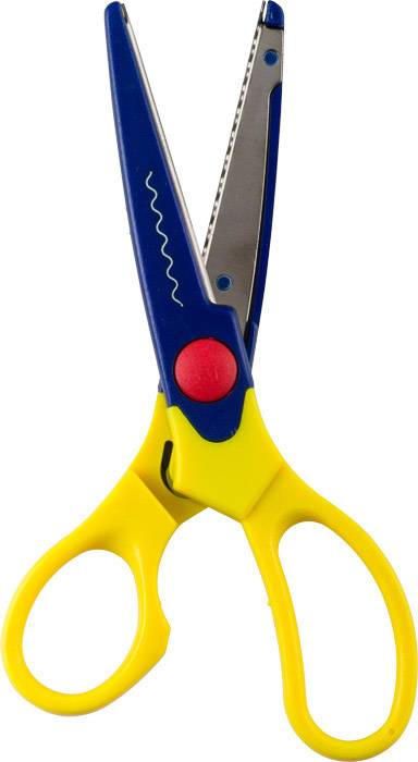 Eine bunte Kinderschere mit blauem Griff und gelbem Körper. Die Klinge hat ein zickzackförmiges Schneidemuster.