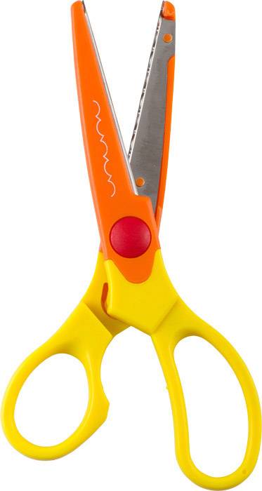 Eine gelb-orange-schere mit einer Zickzack-Klinge zum Basteln.