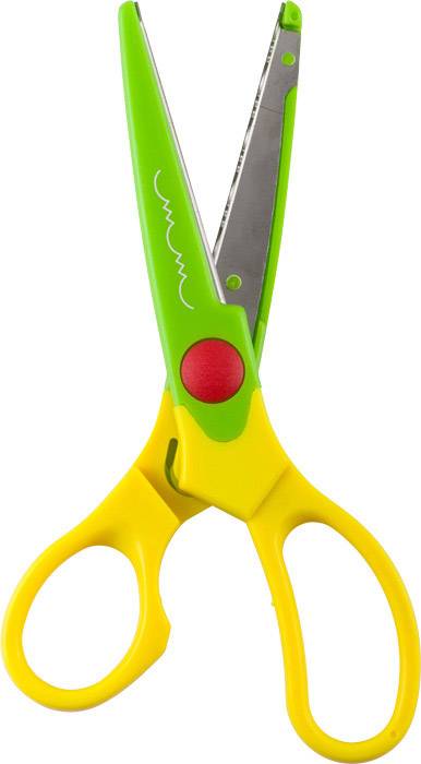 Eine Kinderschere mit gelben Griffen und grünen Scherenblättern, geeignet für den sicheren Gebrauch durch Kinder.