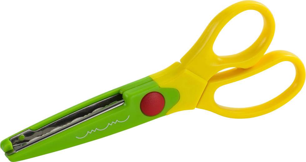 Eine gelbe Kinderschere mit grünen Details und wellenförmiger Klinge zum Basteln, vor weißem Hintergrund.