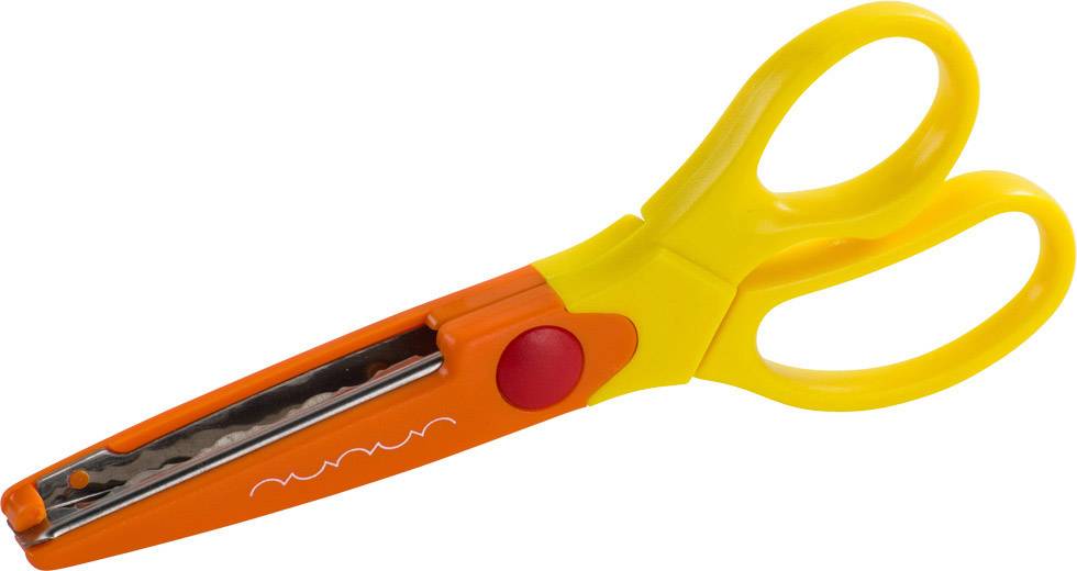 Eine gelb-orange Kinderschere mit welliger Klinge, geeignet für Bastelarbeiten.