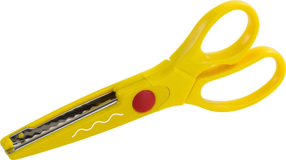 Gelbe Zickzack-Schere mit roten Akzenten, geeignet für Bastelarbeiten oder kreative Projekte.
