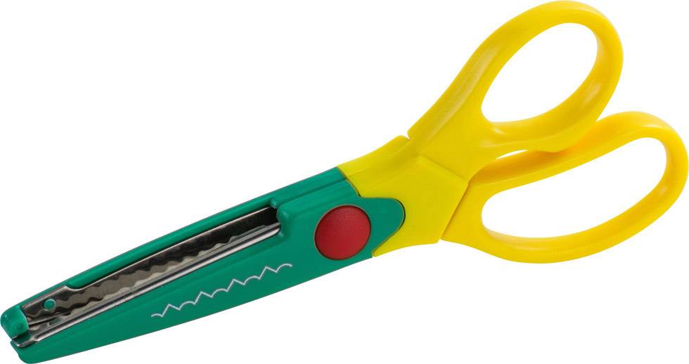 Gelbe Kinderschere mit Wellenschnitt, geeignet für Bastelarbeiten.
