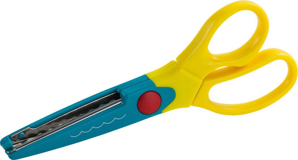 Eine Kinderschere mit gelben Griffen und einer gezackten blauen Schneide, geeignet für Bastelarbeiten.
