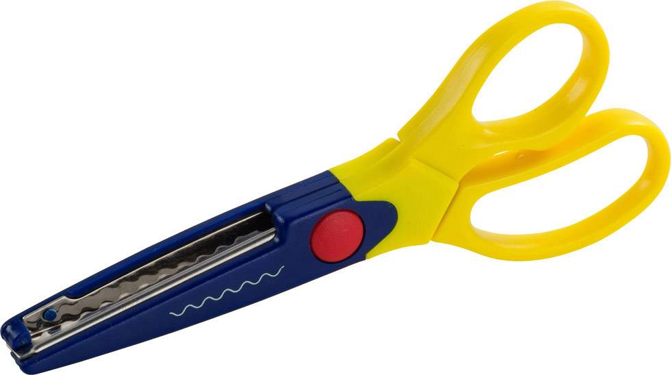 Gelbe, gezackte Bastelschere mit blauen Griffen, geeignet für kreatives Schneiden von Papier.