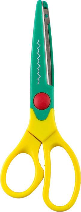 Bunte Bastelschere mit gewellter Klinge auf weißem Hintergrund, gelbe Griffe und grüner Scherenteil, für kreatives Schneiden.