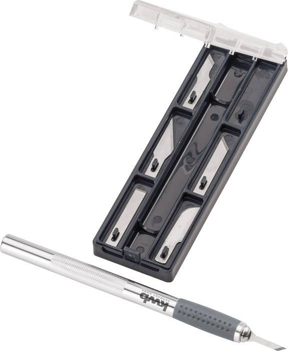 Kunstmesser mit Stahlgriff und Ersatzklingen in einer schwarzen Plastikbox.