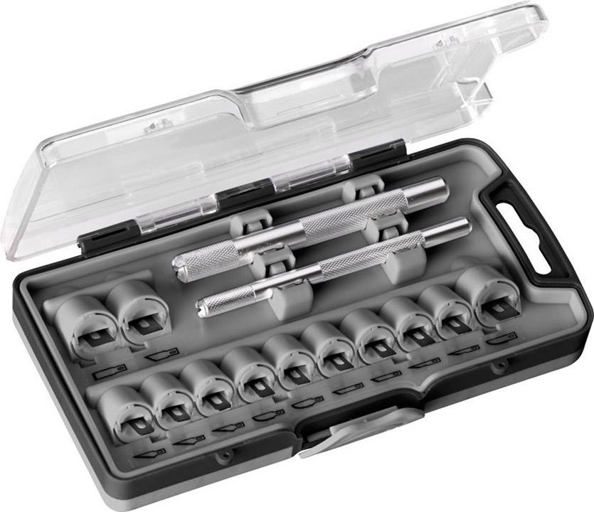 Ein Schraubendreher-Set im offenen Kunststoffkoffer mit verschiedenen Bits und zwei Griffen aus Metall, bereit zur Verwendung.