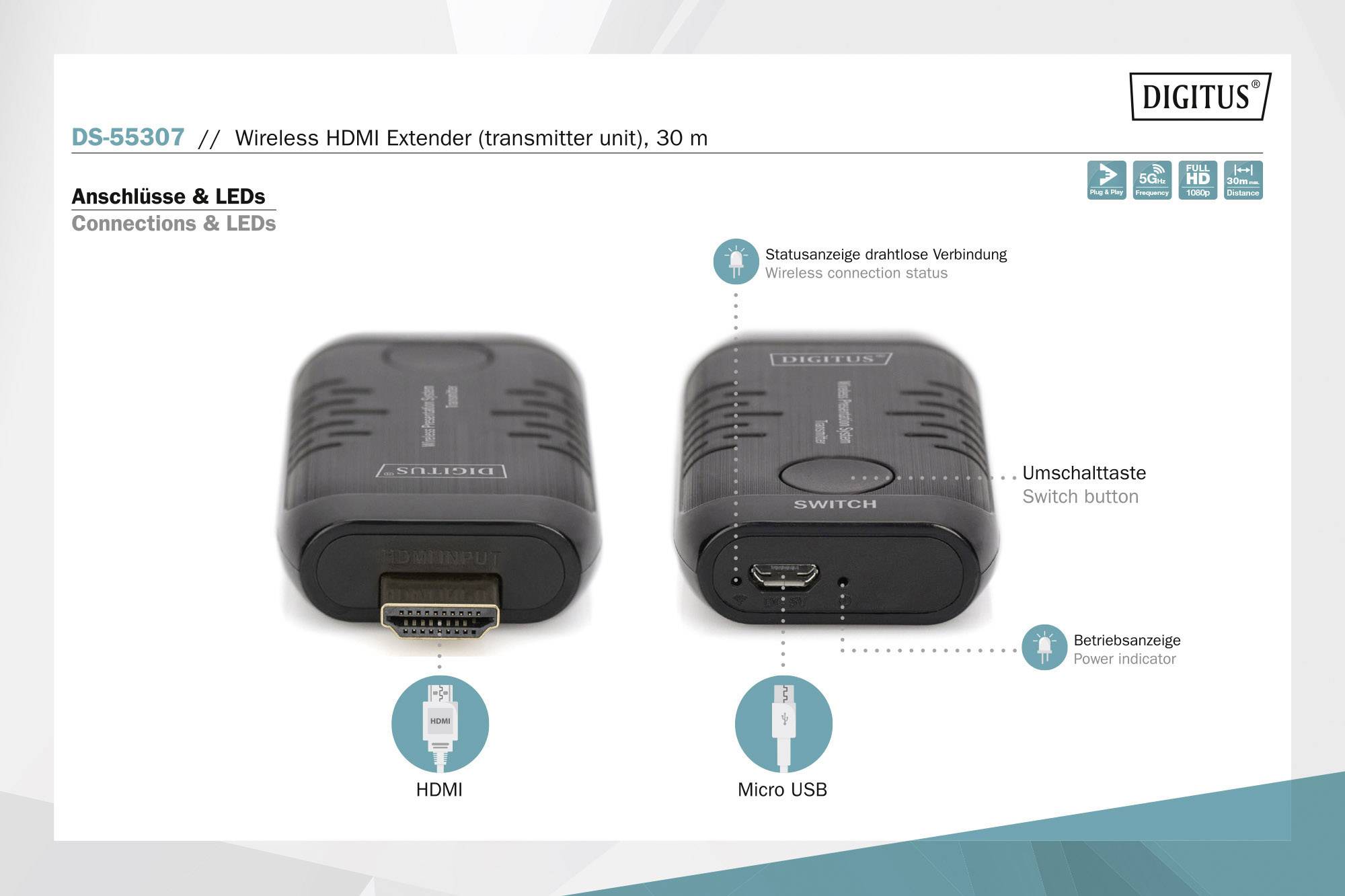 Digitus DS-55307 HDMI-Funkübertragung (Sender) 30 m 60 Hz 1920 x 1080 Pixel HD-Audio, integrierte LED-Anzeige