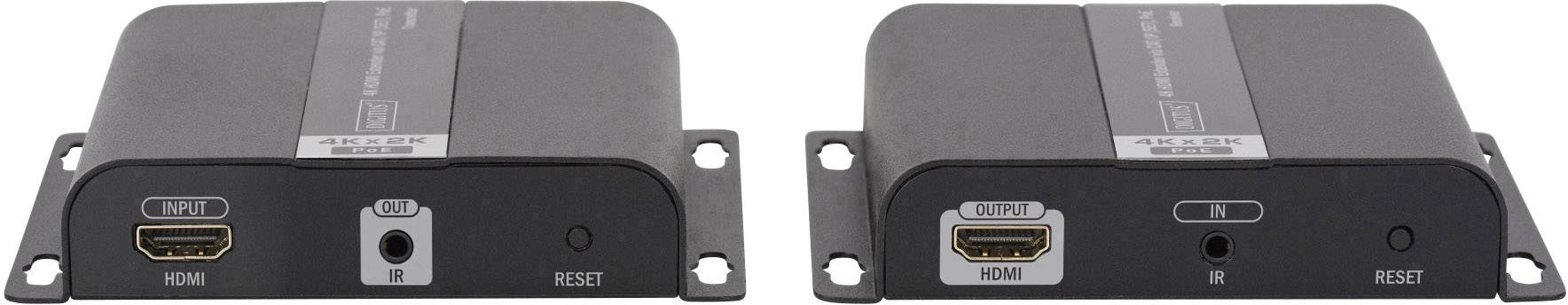 Zwei schwarze HDMI-Verstärker mit reset-Button, IR-Anschluss und HDMI-Ein-/Ausgängen; nebeneinander angeordnet.