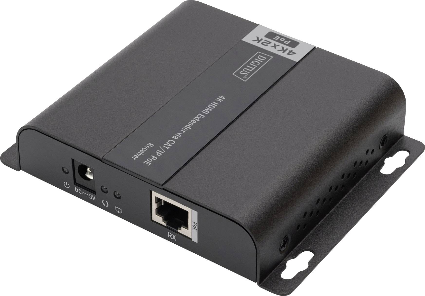 Schwarzer 4K HDMI-zu-CAT5e/6 Audio-Video-Extender mit Stromanschluss und Ethernet-Anschluss, kompakt und rechteckig.