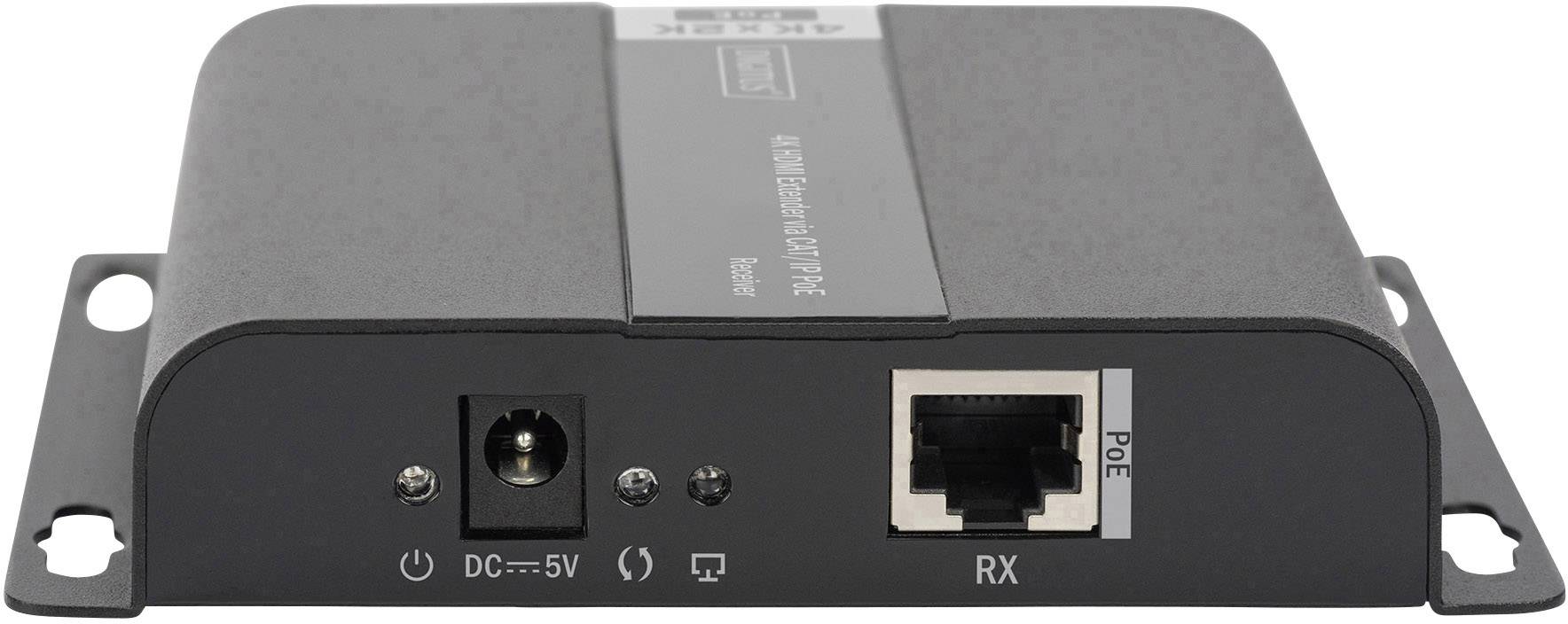 Schwarzes elektronisches Gerät mit Anschlüssen: DC-Eingang, Audio und Ethernet-PoE-Anschluss. Beschriftung: RX (Empfänger).