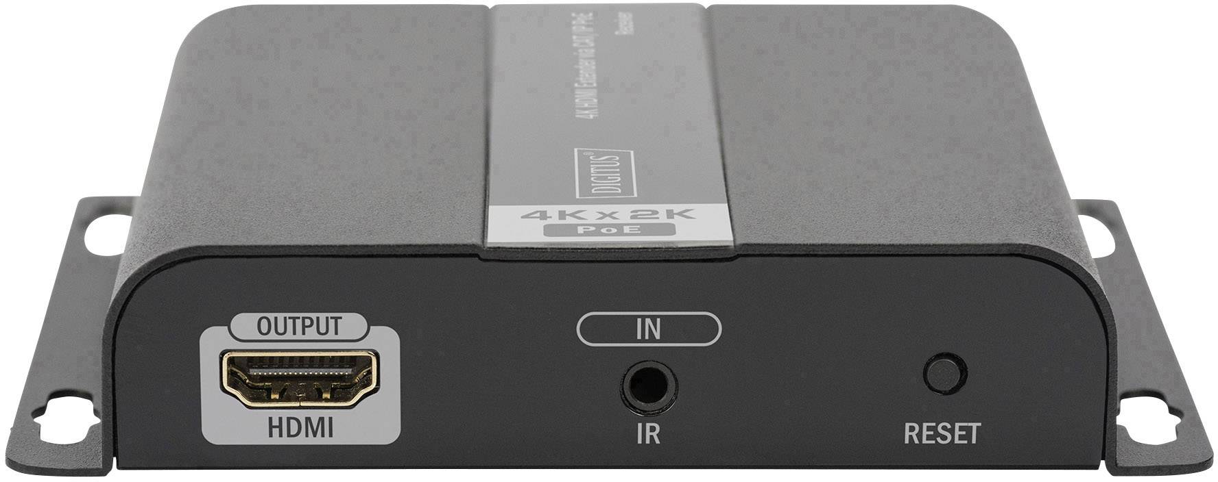 Ein schwarzer HDMI-Splitter mit Anschlüssen: 'Output' (HDMI), 'IN', und 'Reset'. Gerät zur Verteilung von HDMI-Signalen.