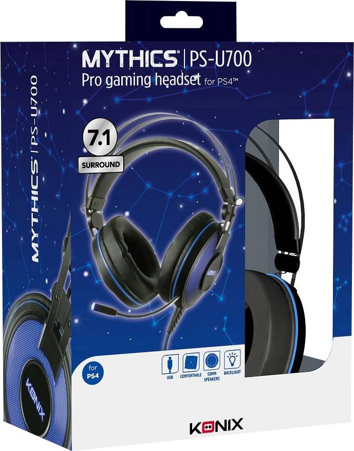 Konix PS-700 Gaming Over Ear Headset kabelgebunden 7.1 Surround Schwarz, Blau Lautstärkeregelung, Mikrofon-Stummschaltung