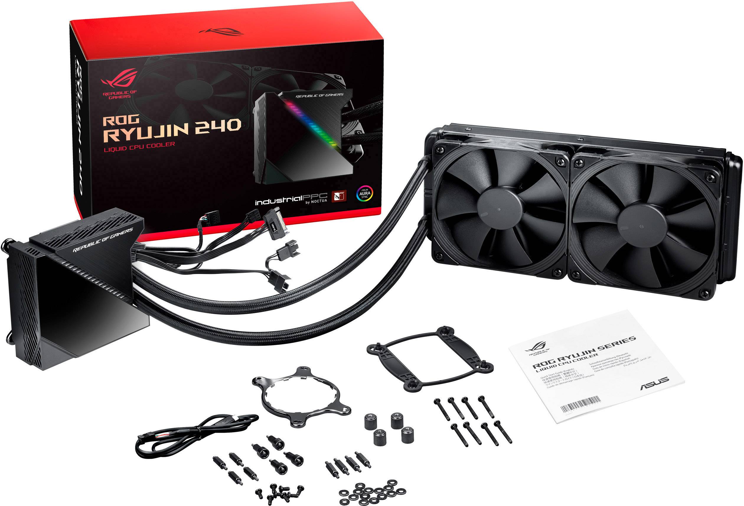 Asus ROG Ryujin 240 Flüssigkeitskühler mit zwei Lüftern, Kabeln, Montagesatz und Verpackung. Enthält Anweisungen und Markenlogos.