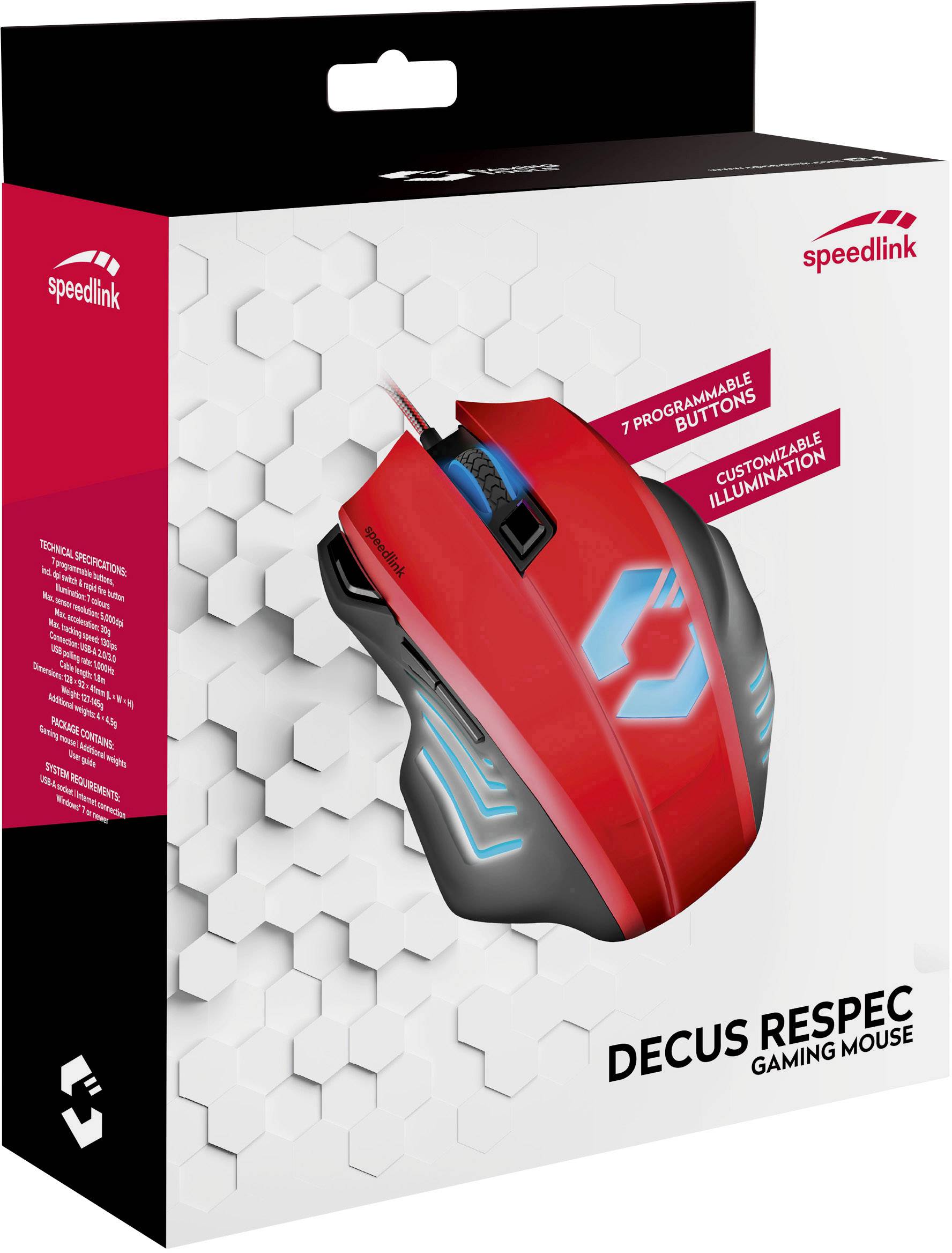 SpeedLink Decus Respec USB-Gaming-Maus Optisch Beleuchtet, Ergonomisch, Gewichts-Tuning, Integrierter Profilspeicher Schwarz, Rot
