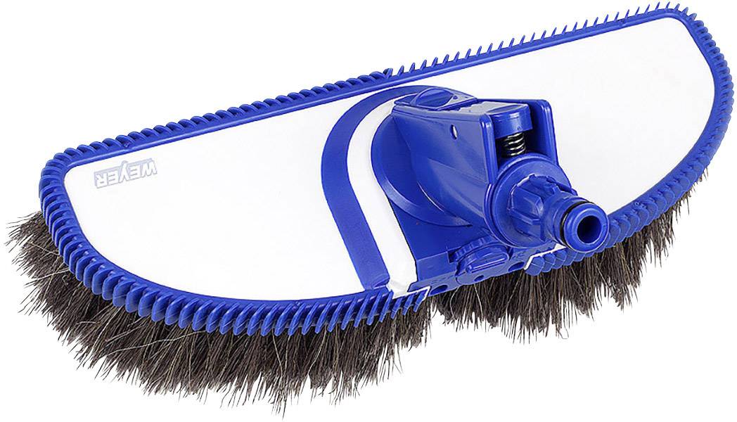 Poolbürste mit blauem Kunststoffrahmen und dichten Borsten zur Reinigung.
