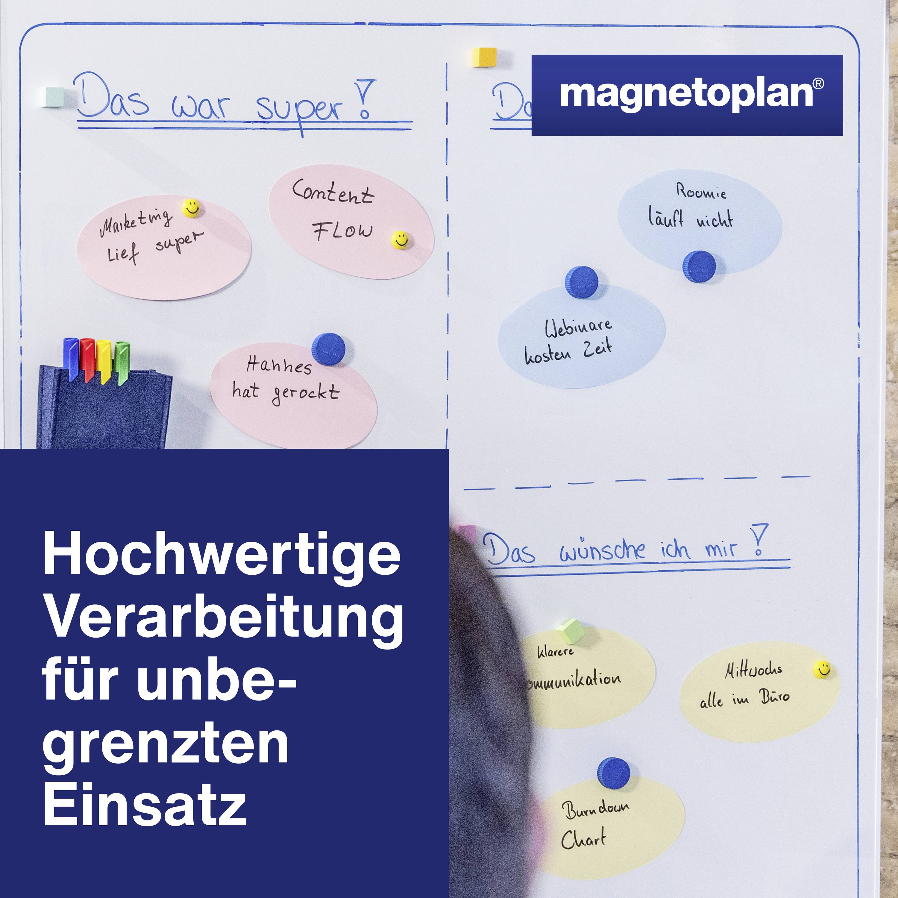 'Hochwertige Verarbeitung für unbegrenzten Einsatz' steht auf dem Bild, das eine Pinnwand mit Notizen und Magneten zeigt.