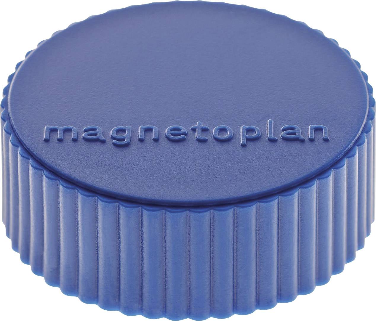 Blauer runder Magnet mit geriffeltem Rand und dem Wort 'magnetoplan' in der Mitte.