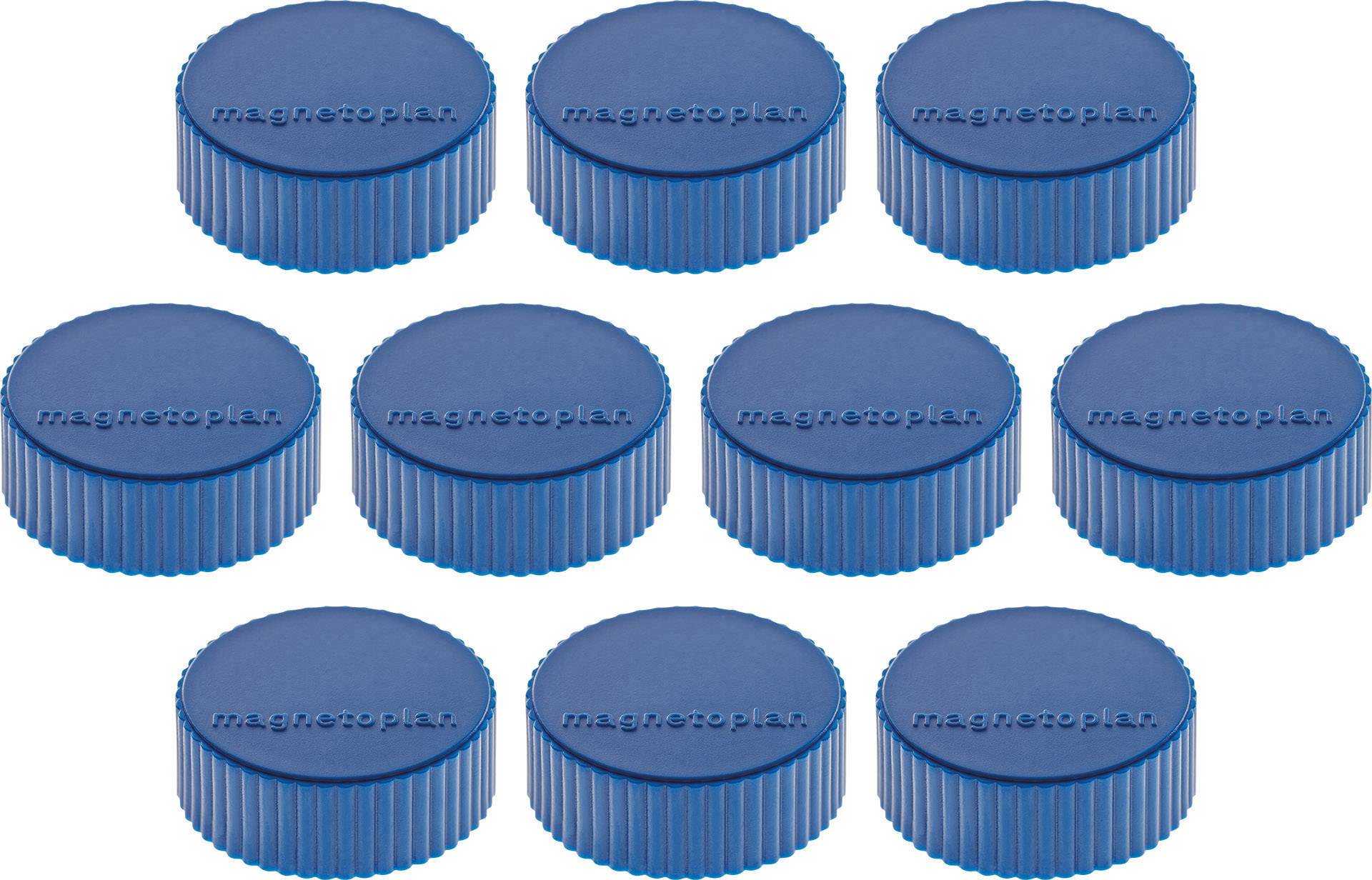 Zehn blaue Plastikschraubverschlüsse mit geriffeltem Rand und der Aufschrift 'magnetoplan' (dekoratives Bild).