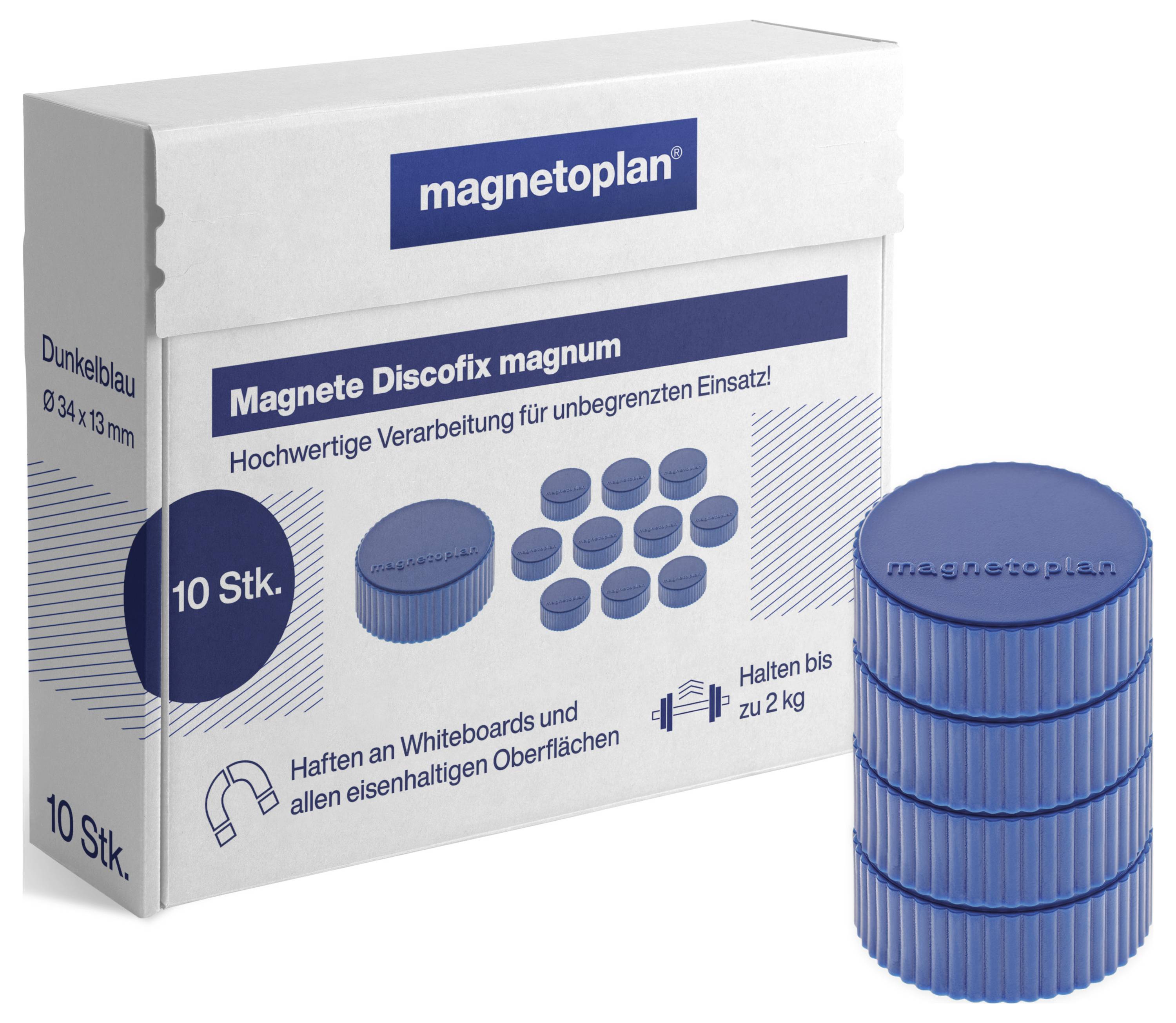 Verpackung mit Magneten für Whiteboards, 10 Stück. Magnete sind rund, dunkelblau und können bis zu 2 kg halten.