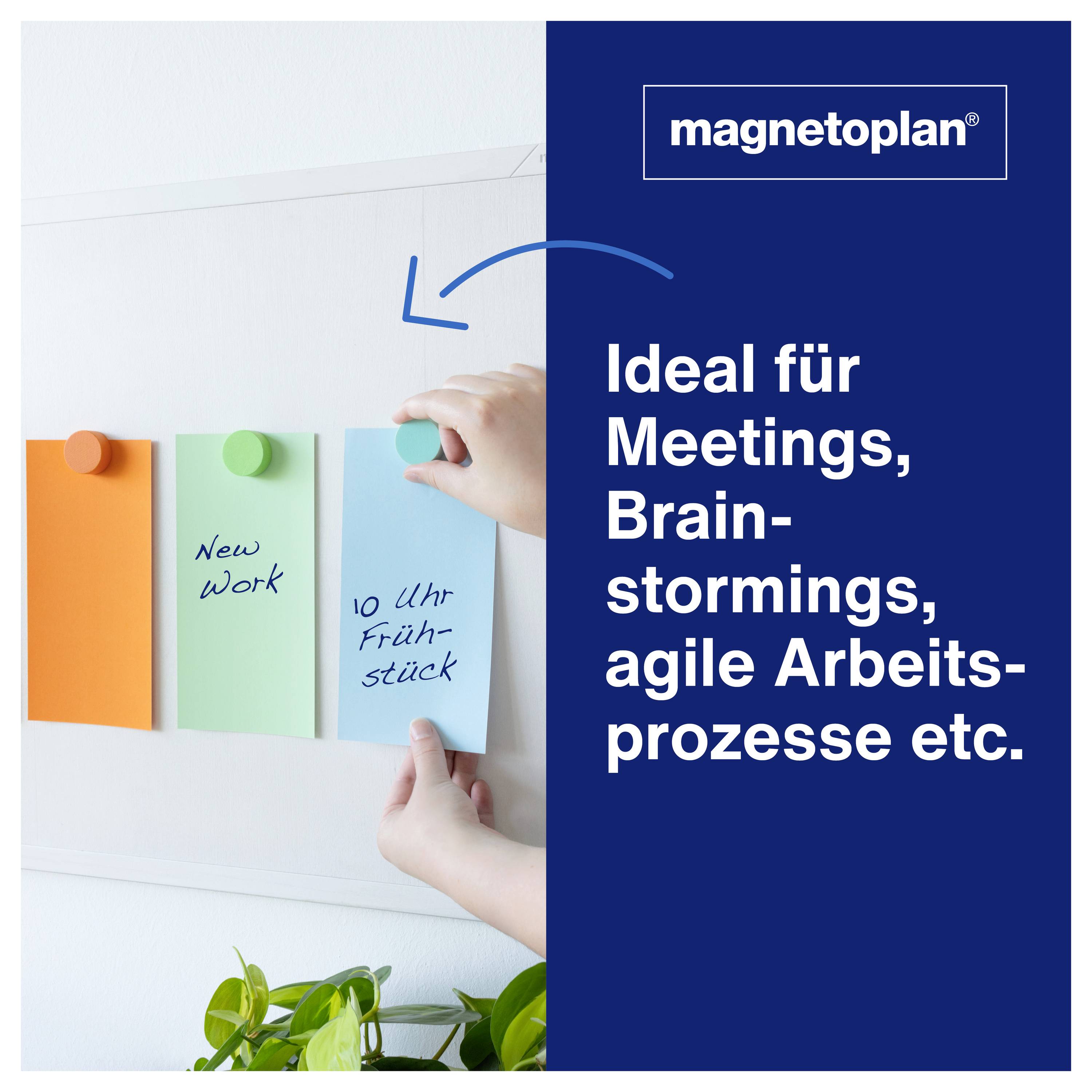 Hände heften bunte Notizzettel an eine Wand. Rechts steht: 'Ideal für Meetings, Brainstormings, agile Arbeitsprozesse etc.'