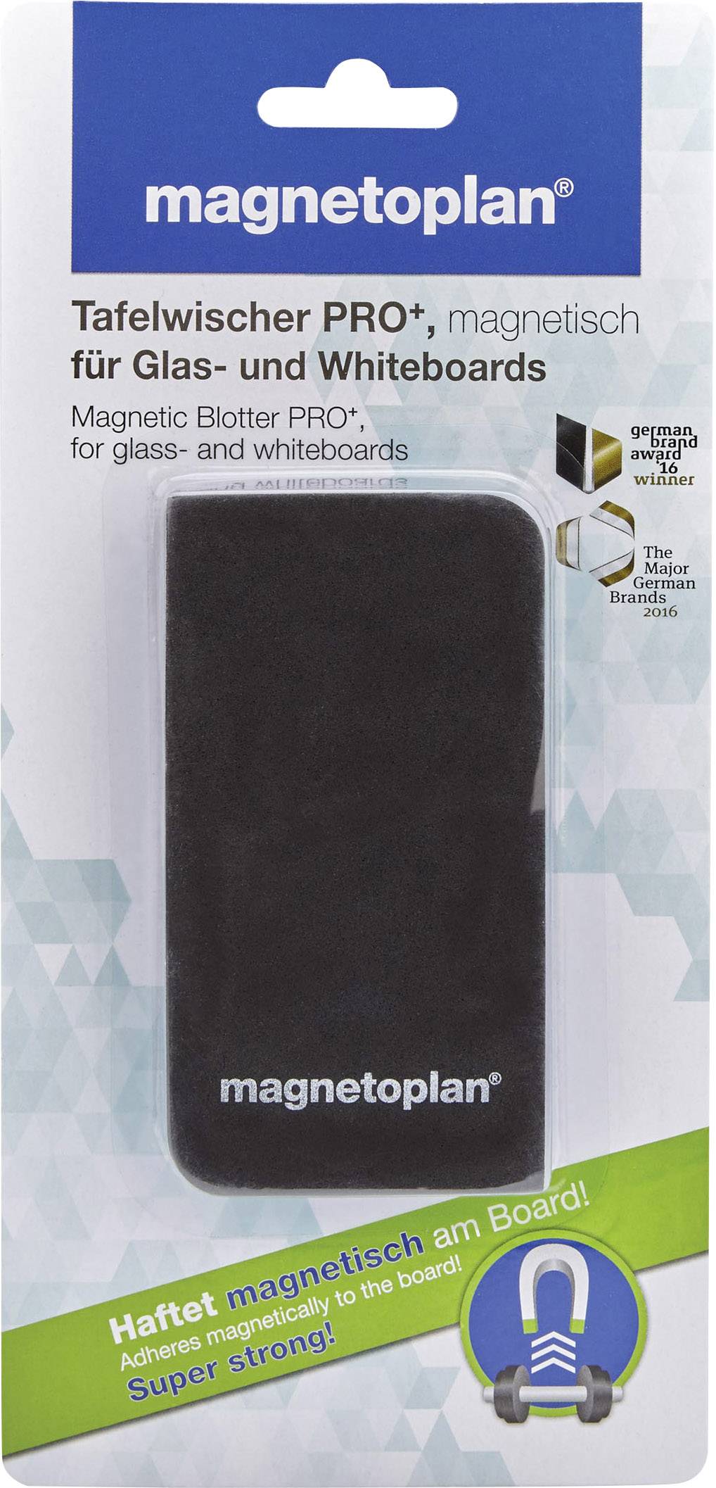 Schwarzer, magnetischer Tafelwischer von 'magnetoplan', geeignet für Glas- und Whiteboards. Verpackung hebt magnetische Haftung hervor.