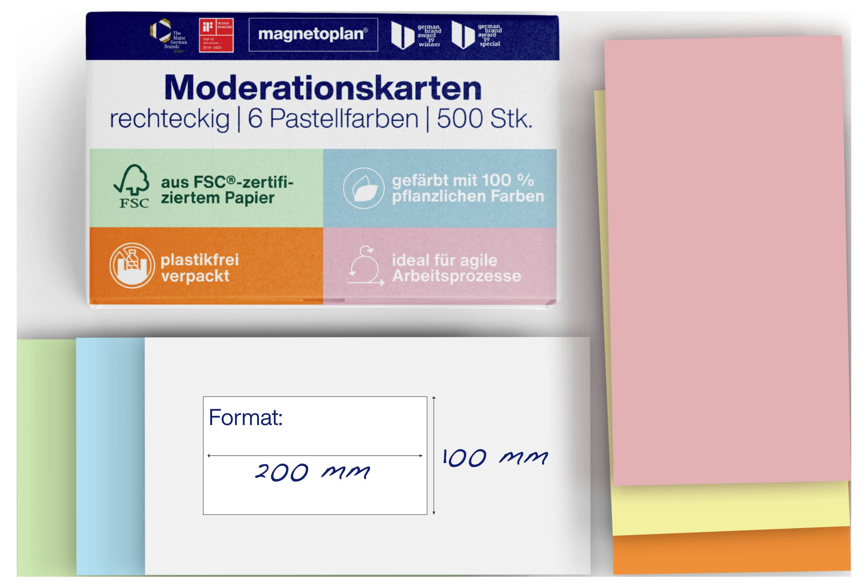 Ein Set aus pastellfarbenen rechteckigen Moderationskarten, 500 Stück, FSC-zertifiziert, plastikfrei, mit den Abmessungen 200 mm x 100 mm.