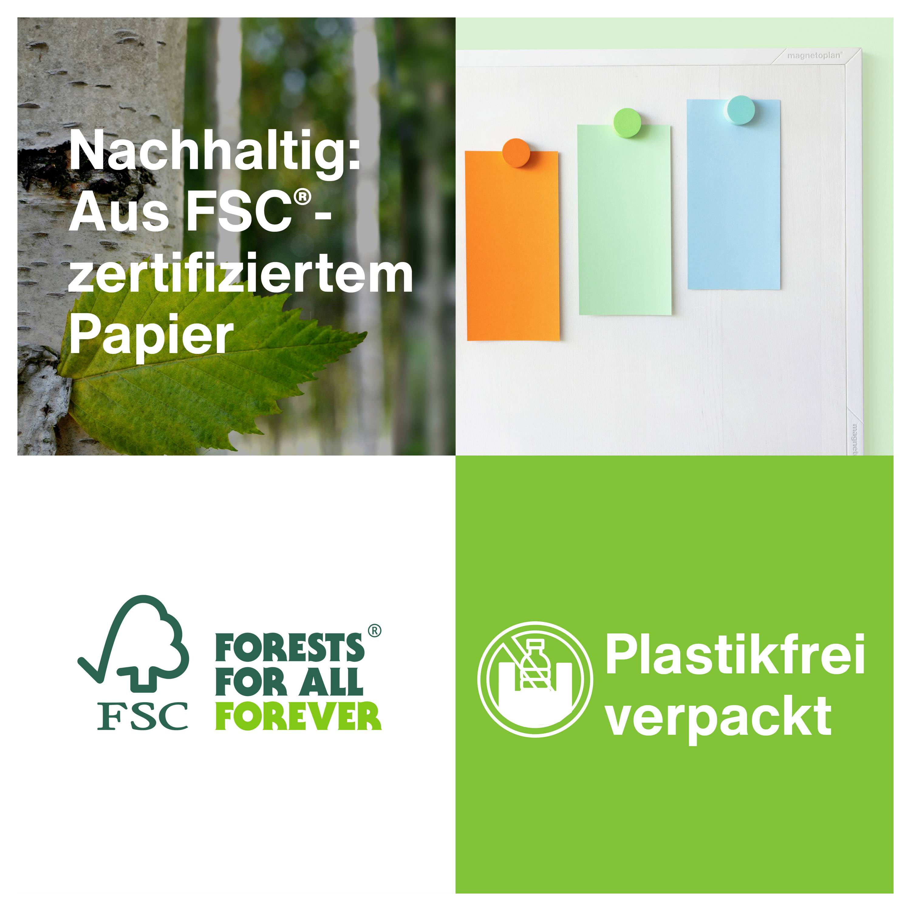 'Nachhaltig: Aus FSC-zertifiziertem Papier. Plastikfrei verpackt.' Drei farbige Zettel an Pinnwand, FSC-Logo und Umweltlogo.