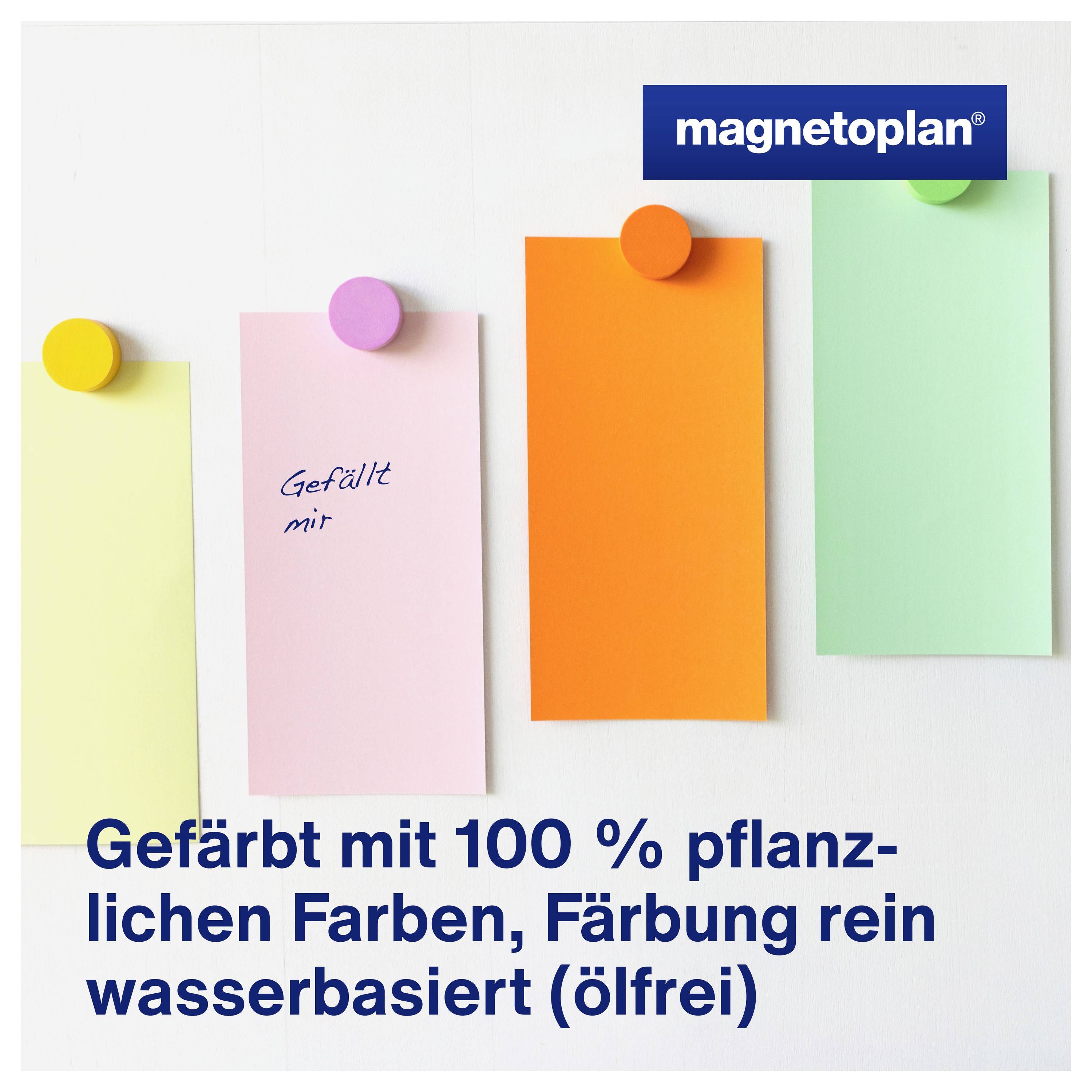 Vier bunte Notizzettel an einer Tafel befestigt. Oben rechts das Logo 'magnetoplan'. Unten der Text: 'Gefärbt mit 100 % pflanzlichen Farben, Färbung rein wasserbasiert (ölfrei)'.