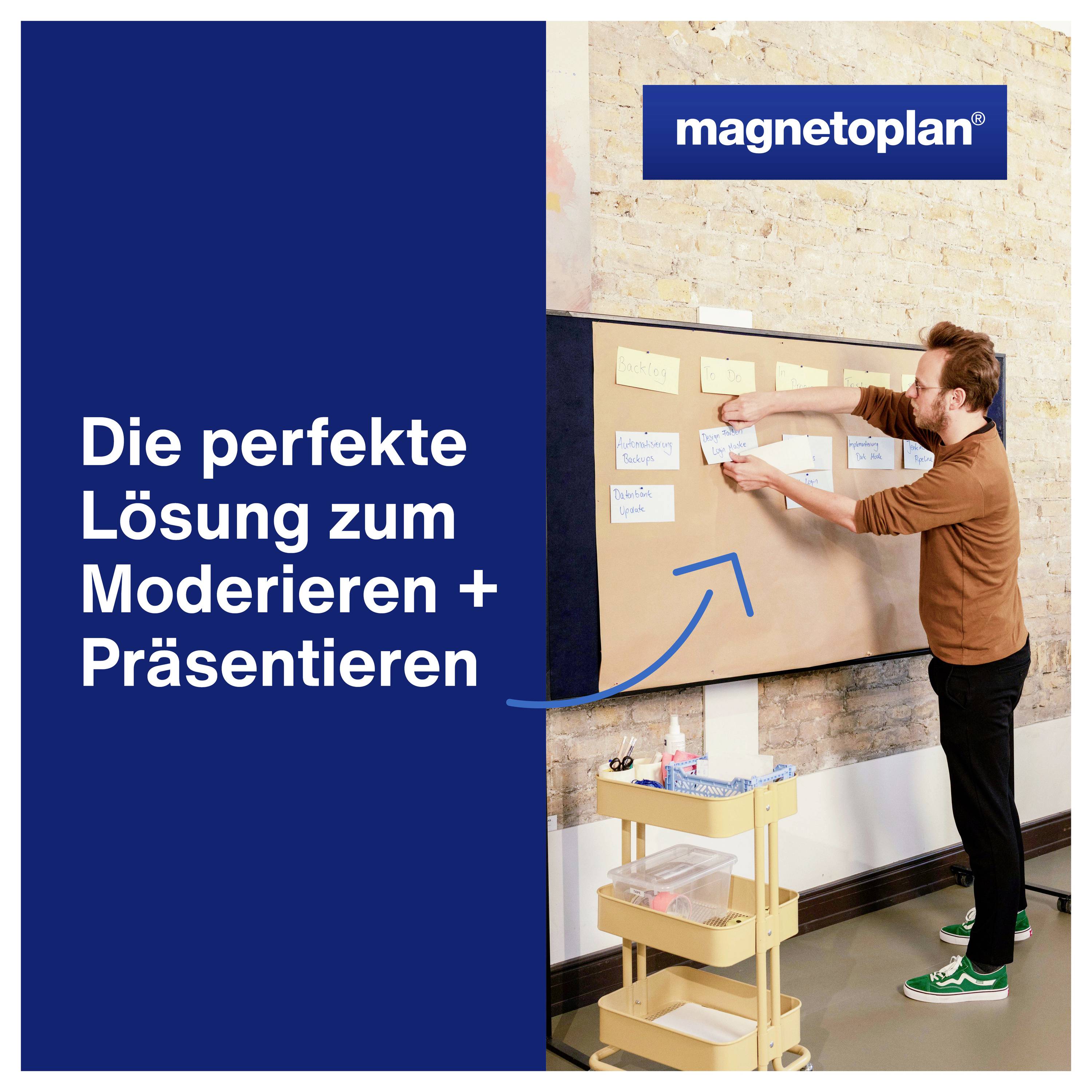 Ein Mann befestigt Papierkarten auf einer Pinnwand. Text: 'Die perfekte Lösung zum Moderieren + Präsentieren'. Magnetoplan-Logo oben rechts.